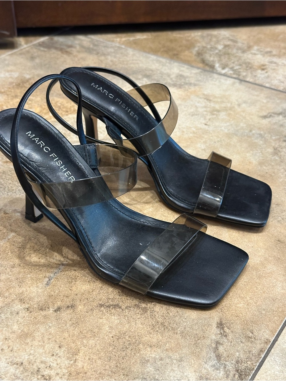 Marc Fisher Black Heeled Sandals with Clear Straps